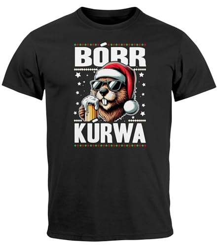 MoonWorks® Herren T-Shirt Weihnachten Spruch lustig Meme Biber Bobr Kurwa Aufdruck Weihnachtsshirt Männer Xmas schwarz 4XL von MoonWorks