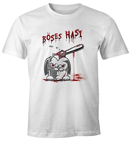 MoonWorks® Herren T-Shirt böses Hasi Kettensäge Motiv Horror Parodie Fun-Shirt Spruch lustig weiß XL von MoonWorks