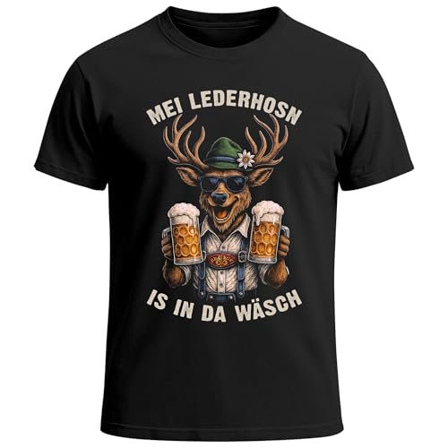 MoonWorks® Herren T-Shirt für das Oktoberfest – MEI Lederhosen is in da Wäsch – Ersatz Tracht Hirsch Fun-Shirt Trachtenshirt Bierfest Outfit Statement Spruch Saufen lustig Schwarz L von MoonWorks