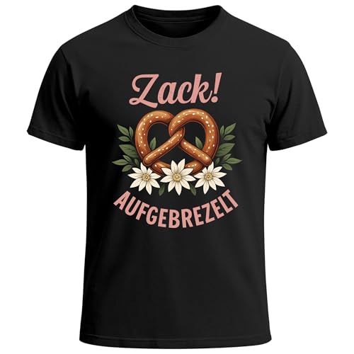 MoonWorks® Herren T-Shirt für das Oktoberfest Zack Aufgebrezelt Brezel & Edelweiß Fun-Shirt Trachtenshirt Bierfest Outfit Statement Spruch Saufen lustig Schwarz 3XL von MoonWorks