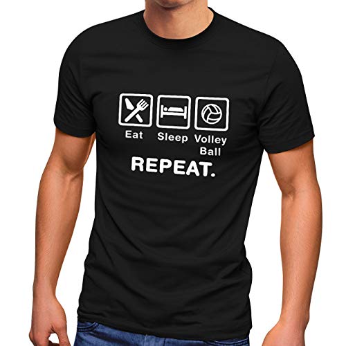 MoonWorks® Herren T-Shirt mit Spruch Eat Sleep Repeat Mega Mix Fun-Shirt lustige Geschenke Volleyball schwarz L von MoonWorks