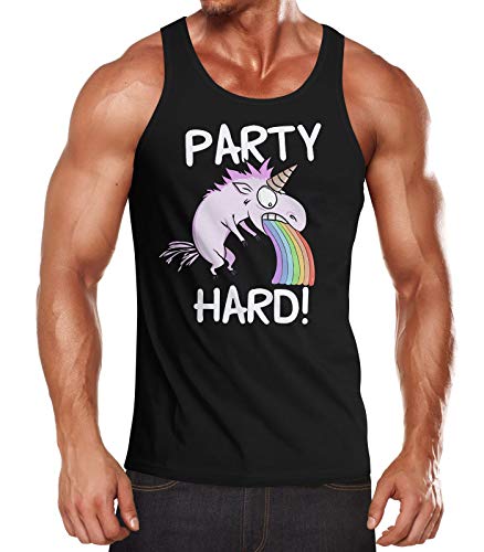 MoonWorks® Herren Tanktop Party Hard kotzendes Einhorn Feiern Saufen Fun-Shirt Spruch lustig Muscle Shirt Achselshirt schwarz M von MoonWorks