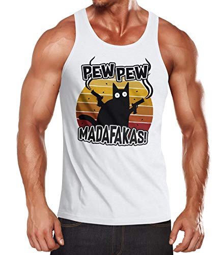 MoonWorks® Herren Tanktop Pew Pew Madafakas Katze Western Cat Meme Fun-Shirt Spruch Achselshirt weiß S von MoonWorks