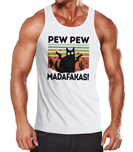 MoonWorks® Herren Tanktop Pew Pew Madafakas! Schwarze Katze Spruch Meme lustig Muscle Shirt Achselshirt weiß L von MoonWorks