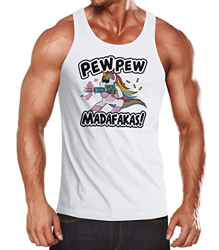 MoonWorks® Herren Tanktop Pew Pew Madafakas böses Einhorn Regenbogen Unicorn weiß L von MoonWorks