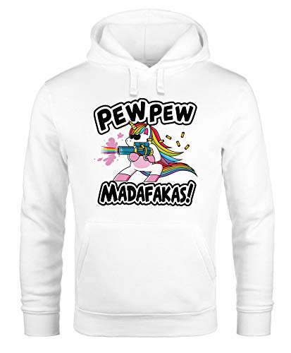 MoonWorks® Hoodie Herren Pew Pew Madafakas böses Einhorn Regenbogen Unicorn Kapuzen-Pullover weiß M von MoonWorks