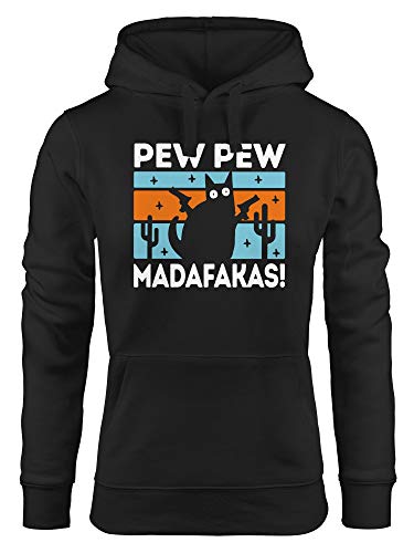 MoonWorks® Kapuzen-Pullover Damen Pew Pew Madafakas Katze Cat Crazy verrückt lustig Hoodie schwarz XS von MoonWorks