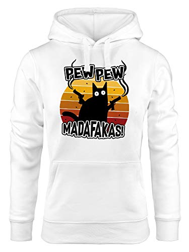 MoonWorks® Kapuzen-Pullover Damen Pew Pew Madafakas Katze Western Cat Meme Hoodie weiß L von MoonWorks