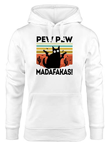 MoonWorks® Kapuzen-Pullover Damen Pew Pew Madafakas! Schwarze Katze Spruch Meme lustig Hoodie weiß M von MoonWorks