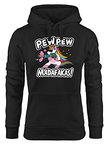 MoonWorks® Kapuzen-Pullover Damen Pew Pew Madafakas böses Einhorn Regenbogen Unicorn Hoodie schwarz M von MoonWorks