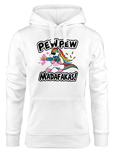 MoonWorks® Kapuzen-Pullover Damen Pew Pew Madafakas böses Einhorn Regenbogen Unicorn Hoodie weiß L von MoonWorks