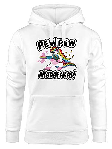 MoonWorks® Kapuzen-Pullover Damen Pew Pew Madafakas böses Einhorn Regenbogen Unicorn Hoodie weiß XL von MoonWorks