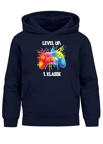 MoonWorks® Kinder Hoodie Jungen Einschulung 2025 Gaming Print Geschenkidee Gamer Zocker Spruch Lustig Level Up Erste Klasse Navy 140 von MoonWorks