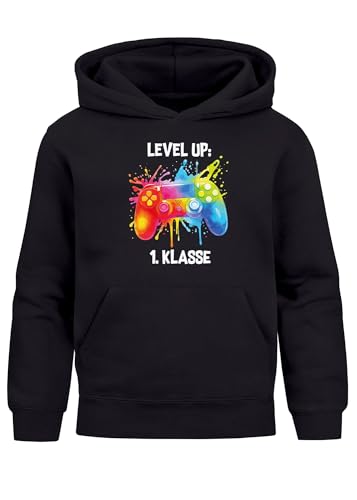 MoonWorks® Kinder Hoodie Jungen Einschulung 2025 Gaming Print Geschenkidee Gamer Zocker Spruch Lustig Level Up Erste Klasse Schwarz 128 von MoonWorks