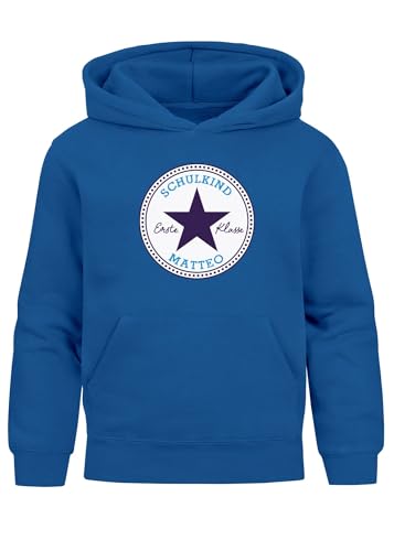 MoonWorks® Kinder Hoodie Jungen Einschulung 2025 Stern Design Schulkind mit Wunschname personalisiert Jungengeschenke Schulstart Blau 128 von MoonWorks