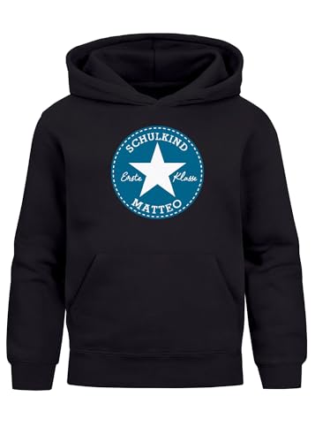 MoonWorks® Kinder Hoodie Jungen Einschulung 2025 Stern personalisiert mit Name Geschenke zur Einschulung Schwarz-blau 140 von MoonWorks