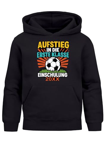 MoonWorks® Kinder Hoodie Jungen Einschulung Spruch lustig Aufstieg in die erste Klasse personalisiert mit Schuljahr Jungengeschenke Schwarz 128 von MoonWorks
