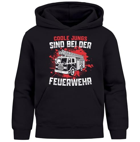 MoonWorks® Kinder Hoodie Jungen Feuerwehr Löschzug Spruch lustig Coole Jungs sind bei der Feuerwehr Jungengeschenke schwarz 152 von MoonWorks