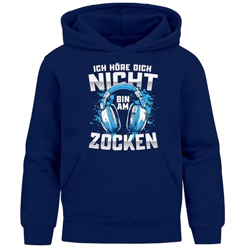 MoonWorks® Kinder Hoodie Jungen Gaming Spruch lustig Höre Dich Nicht Bin am Zocken Videospiele Kopfhörer Jungengeschenke Navy 140 von MoonWorks