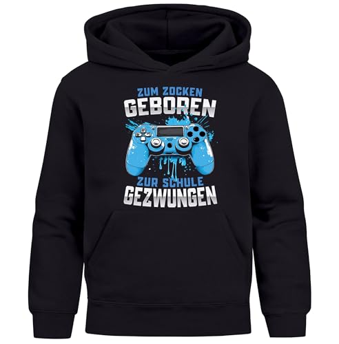 MoonWorks® Kinder Hoodie Jungen Gaming Spruch lustig zum Zocken geboren zur Schule gezwungen Jungengeschenke schwarz 152 von MoonWorks