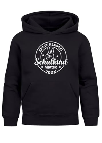 MoonWorks® Kinder Hoodie Jungen Schulkind 2025 Einschulung personalisiert Name und Einschulungsjahr Geschenkidee Schulanfänger Schwarz 128 von MoonWorks