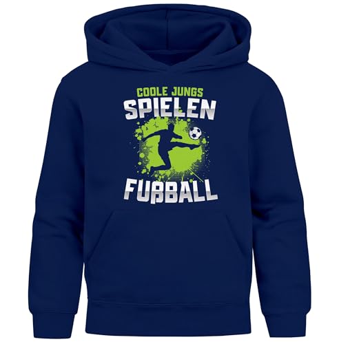 MoonWorks® Kinder Hoodie Kapuzenpullover Jungen Fußballmotiv Spruch lustig Zum Kicken gebren zur Schule gezwungen Jungengeschenke Navy 152 von MoonWorks