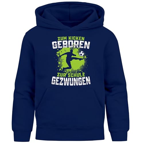 MoonWorks® Kinder Hoodie Kapuzenpullover Jungen Fußballmotiv Spruch lustig Zum Kicken gebren zur Schule gezwungen Jungengeschenke Navy 164 von MoonWorks