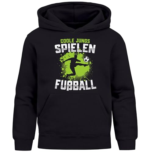 MoonWorks® Kinder Hoodie Kapuzenpullover Jungen Fußballmotiv Spruch lustig Zum Kicken gebren zur Schule gezwungen Jungengeschenke schwarz 140 von MoonWorks