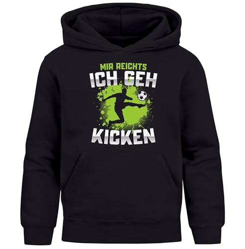 MoonWorks® Kinder Hoodie Kapuzenpullover Jungen Fußballmotiv Spruch lustig Zum Kicken gebren zur Schule gezwungen Jungengeschenke schwarz 140 von MoonWorks