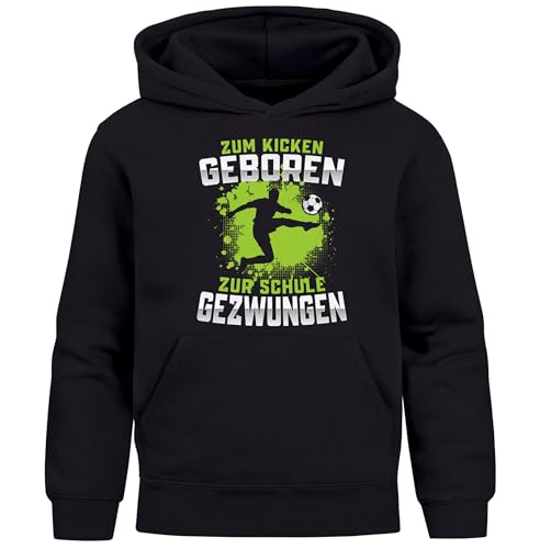 MoonWorks® Kinder Hoodie Kapuzenpullover Jungen Fußballmotiv Spruch lustig Zum Kicken gebren zur Schule gezwungen Jungengeschenke schwarz 152 von MoonWorks