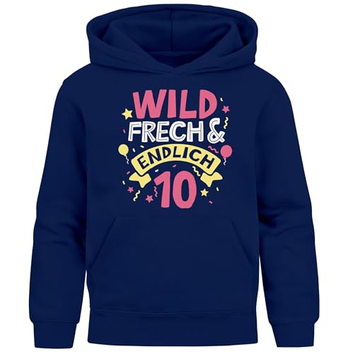 MoonWorks® Kinder Hoodie Mädchen Geschenk Geburtstag Alter Zahl 4-10 und Spruch Wild und Frech Navy 164 von MoonWorks