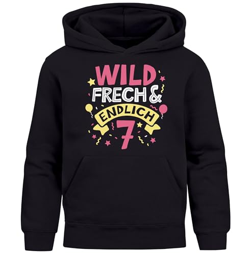 MoonWorks® Kinder Hoodie Mädchen Geschenk Geburtstag Alter Zahl 4-10 und Spruch Wild und Frech schwarz 128 von MoonWorks