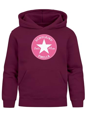 MoonWorks® Kinder Hoodie Mädchen Schulkind 2025 personalisiert mit Name Stern-Grafik Geschenkidee zur Einschulung Bordeaux-pink 128 von MoonWorks