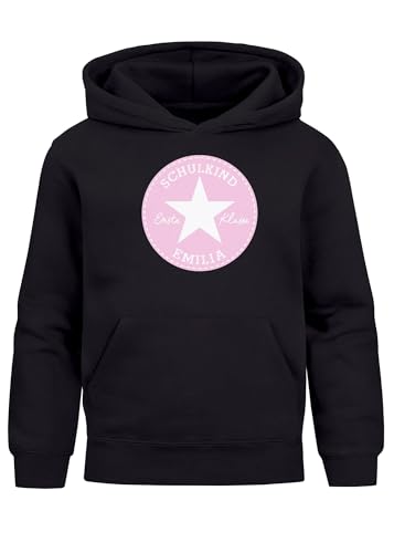 MoonWorks® Kinder Hoodie Mädchen Schulkind 2025 personalisiert mit Name Stern-Grafik Geschenkidee zur Einschulung Schwarz-rosa 140 von MoonWorks