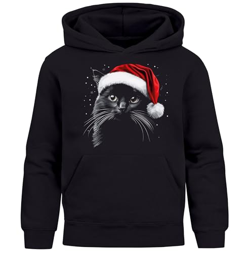 MoonWorks® Kinder Hoodie Weihnnachten Santa Katze Xmas Outfit Lustig Aufdruclk Tiermotiv Mädchengeschenke schwarz 164 von MoonWorks