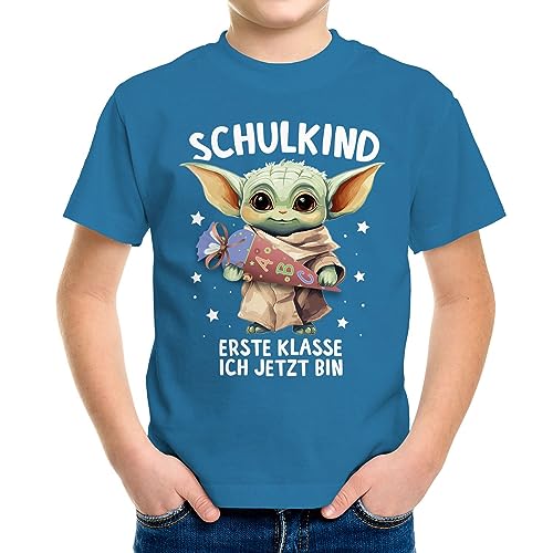 MoonWorks® Kinder Jungen T-Shirt Einschulung Baby Yoda Schulkind Erste Klasse ich jetzt Bin Spruch lustig Schulanfang Ozean-blau 129-140 (9-10 Jahre) von MoonWorks