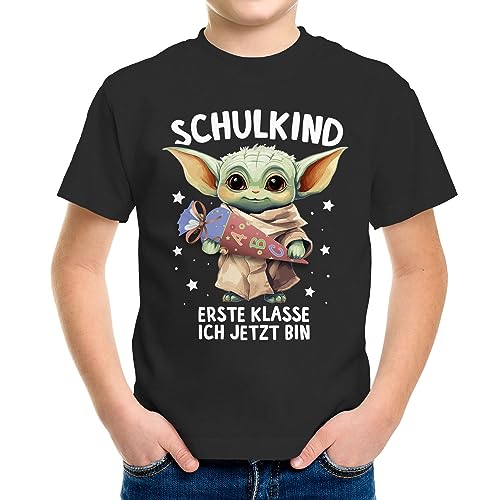 MoonWorks® Kinder Jungen T-Shirt Einschulung Baby Yoda Schulkind Erste Klasse ich jetzt Bin Spruch lustig Schulanfang schwarz 141-152 (11-12 Jahre) von MoonWorks