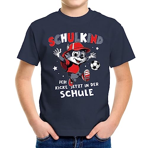 MoonWorks® Kinder Jungen T-Shirt Einschulung Schulkind Waschbär Fußball lustige Tiermotive Schulanfang Navy 122-128 (7-8 Jahre) von MoonWorks