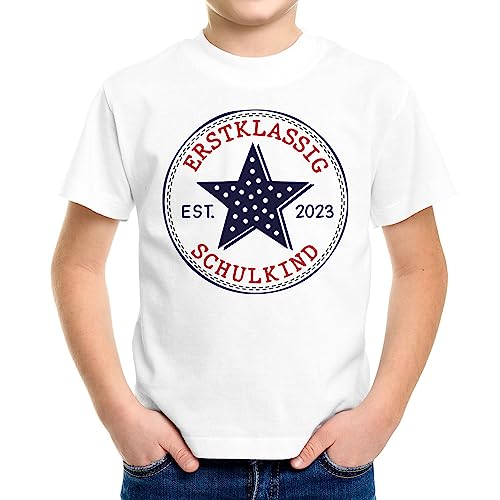 MoonWorks® Kinder Jungen T-Shirt Einschulung Stern Aufschrift Erstklassig Schulkind Jahreszahl Schulanfang weiß 110-116 (5-6 Jahre) von MoonWorks