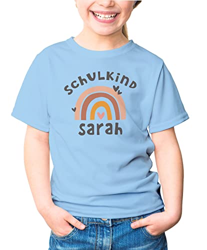 MoonWorks® Kinder Mädchen T-Shirt Einschulung mit Namen Regenbogen Schulkind personalisiert Schulanfang hellblau 122-128 (7-8 Jahre) von MoonWorks