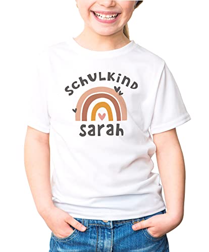 MoonWorks® Kinder Mädchen T-Shirt Einschulung mit Namen Regenbogen Schulkind personalisiert Schulanfang weiß 122-128 (7-8 Jahre) von MoonWorks