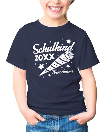 MoonWorks® Kinder Mädchen T-Shirt Einschulung mit Namen und Jahreszahl Schulkind Schultüte personalisierbar Schulanfang Navy personalsierbar 122-128 (7-8 Jahre) von MoonWorks