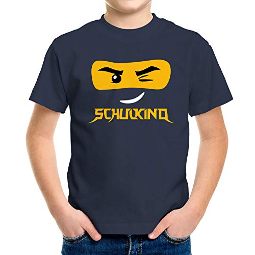 MoonWorks® Kinder T-Shirt Jungen Bausteine Gesicht Ninja Figur Einschulung Geschenk zur Einschulung Schulanfang Navy 110-116 (5-6 Jahre) von MoonWorks