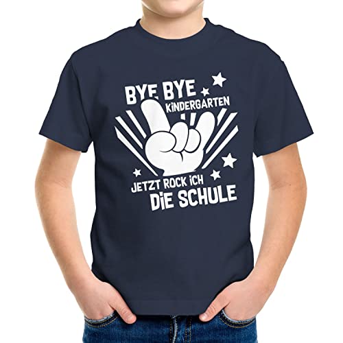 MoonWorks® Kinder T-Shirt Jungen Bye Bye Kindergarten Abschied Geschenk zur Einschulung Schulanfang Navy 122-128 (7-8 Jahre) von MoonWorks