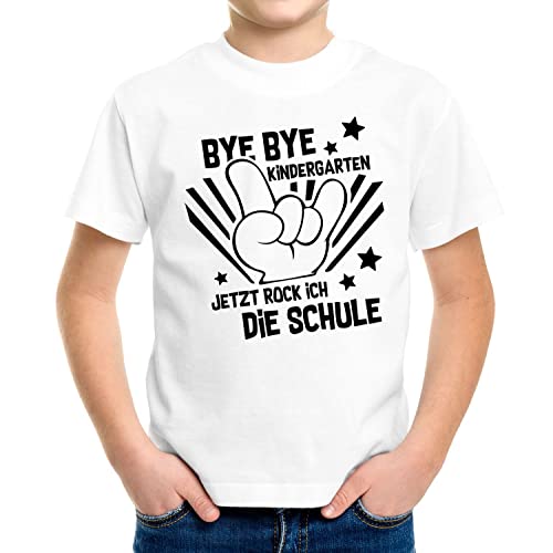 MoonWorks® Kinder T-Shirt Jungen Bye Bye Kindergarten Abschied Geschenk zur Einschulung Schulanfang weiß 110-116 (5-6 Jahre) von MoonWorks