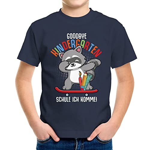 MoonWorks® Kinder T-Shirt Jungen Schulkind Waschbär Tiermotiv Goodbye Kindergarten Geschenk zur Einschulung Schulanfang Navy 122-128 (7-8 Jahre) von MoonWorks