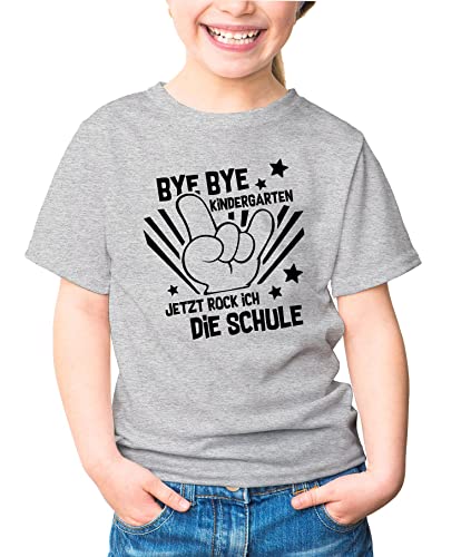 MoonWorks® Kinder T-Shirt Mädchen Bye Bye Kindergarten Abschied Geschenk zur Einschulung 2025 Schulanfang Grau 122-128 (7-8 Jahre) von MoonWorks
