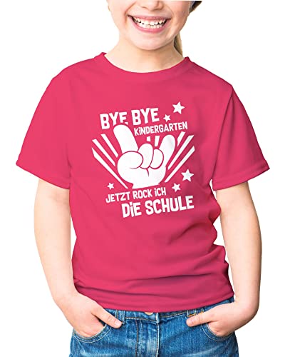 MoonWorks® Kinder T-Shirt Mädchen Bye Bye Kindergarten Abschied Geschenk zur Einschulung 2025 Schulanfang Pink 122-128 (7-8 Jahre) von MoonWorks