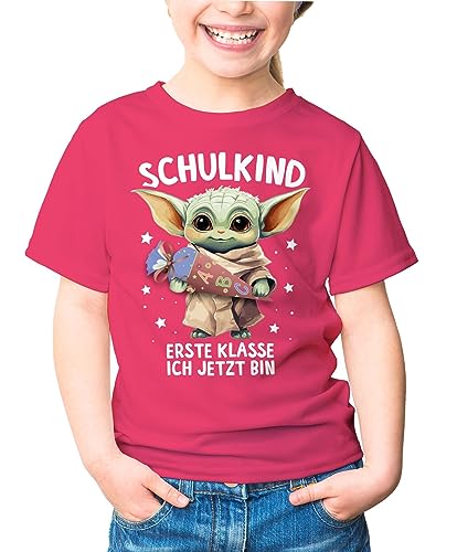 MoonWorks® Kinder T-Shirt Mädchen Einschulung Baby Yoda Schulkind Erste Klasse ich jetzt Bin Spruch lustig Schulanfang pink 122-128 (7-8 Jahre) von MoonWorks
