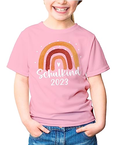 MoonWorks® Kinder T-Shirt Mädchen Einschulung Schulkind 2023 Regenbogen Aufdruck Geschenk Schulanfang rosa 129-140 (9-10 Jahre) von MoonWorks